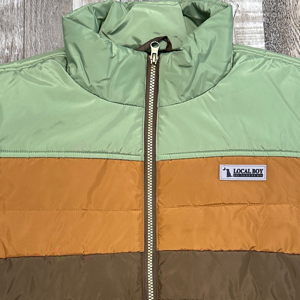 Local Boy Men's Colorblock Brick Quilted Puffer Vest in Green/Orange/Brown. NWOT - Picture 2 of 9